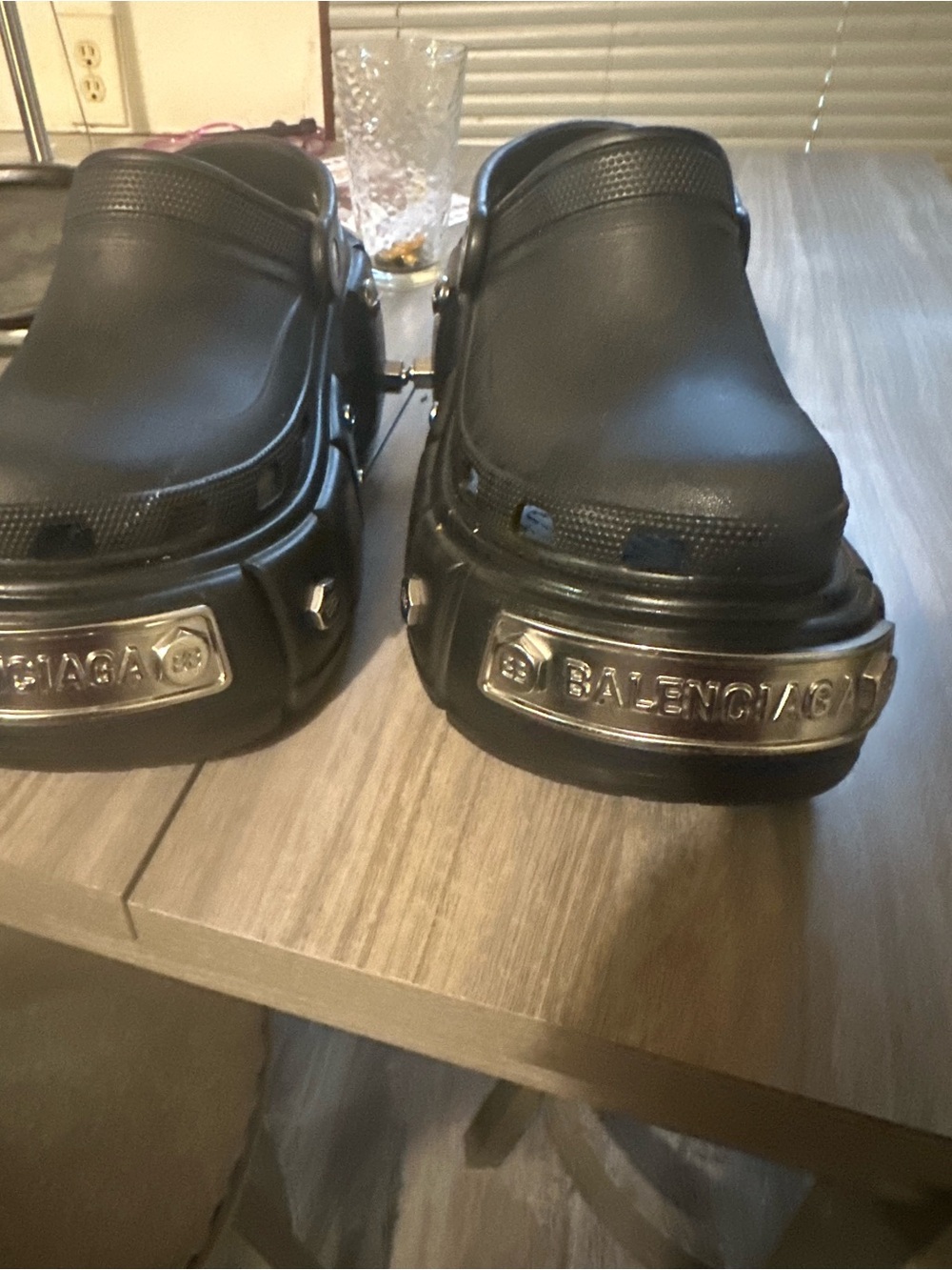 Balenciaga Black Platform Slip-On Clogs with Silver Nameplate